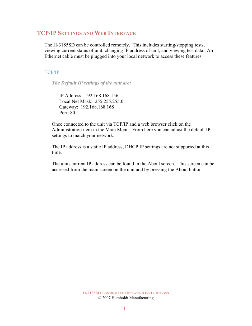 Tcp/ip | Humboldt H-3185SD CONTROLLER User Manual | Page 11 / 13