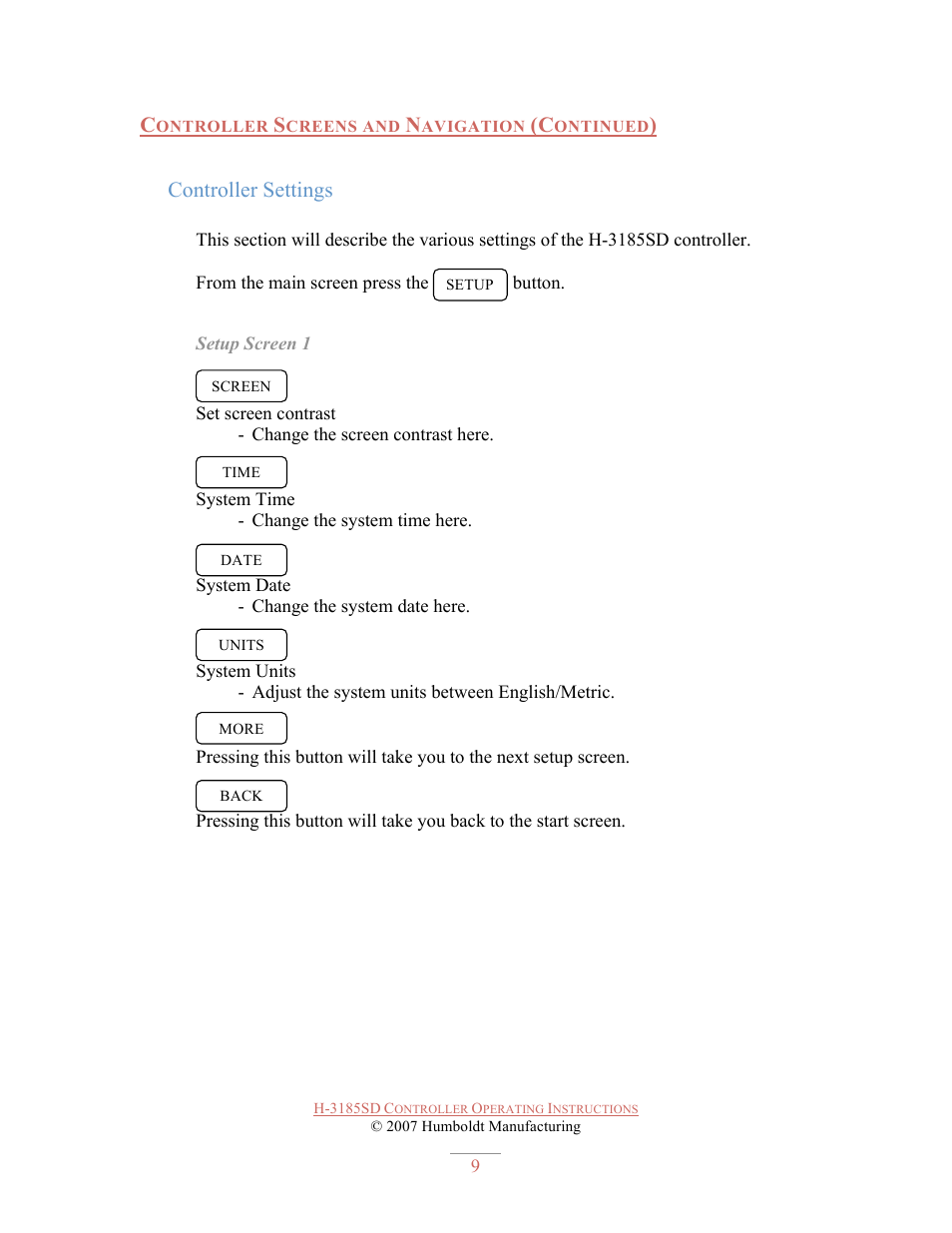 Controller settings | Humboldt H-3185SD CONTROLLER User Manual | Page 9 / 13