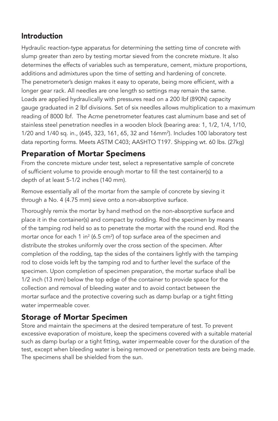 Introduction, Preparation of mortar specimens, Storage of mortar specimen | Humboldt H-4133 Acme Penetrometer User Manual | Page 3 / 8
