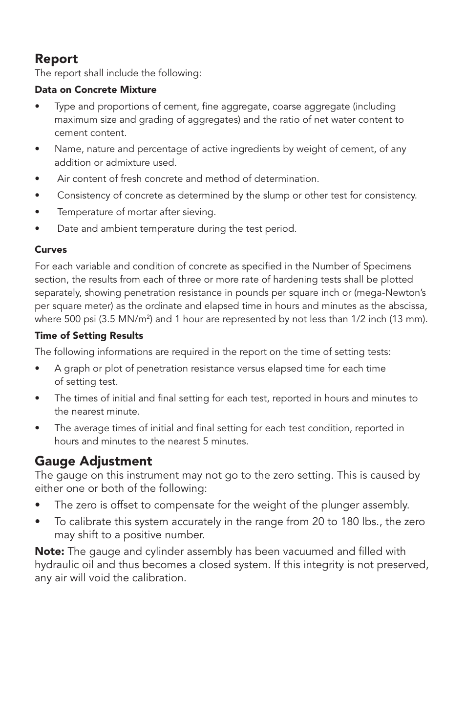 Report, Gauge adjustment | Humboldt H-4133 Acme Penetrometer User Manual | Page 5 / 8