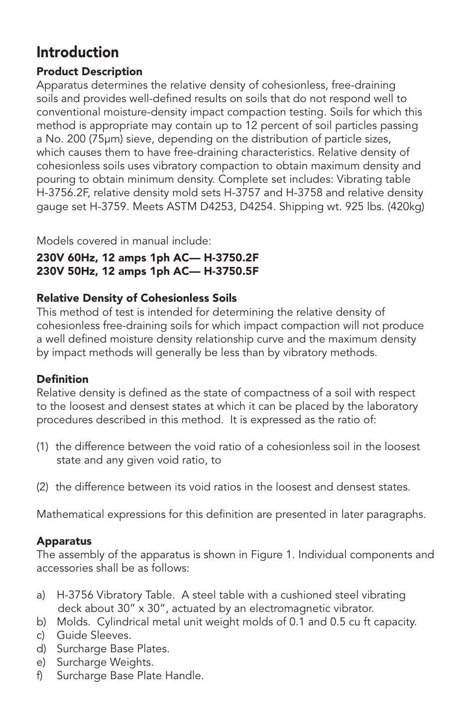Introduction | Humboldt H-3750.5F Relative Density Apparatus User Manual | Page 2 / 8