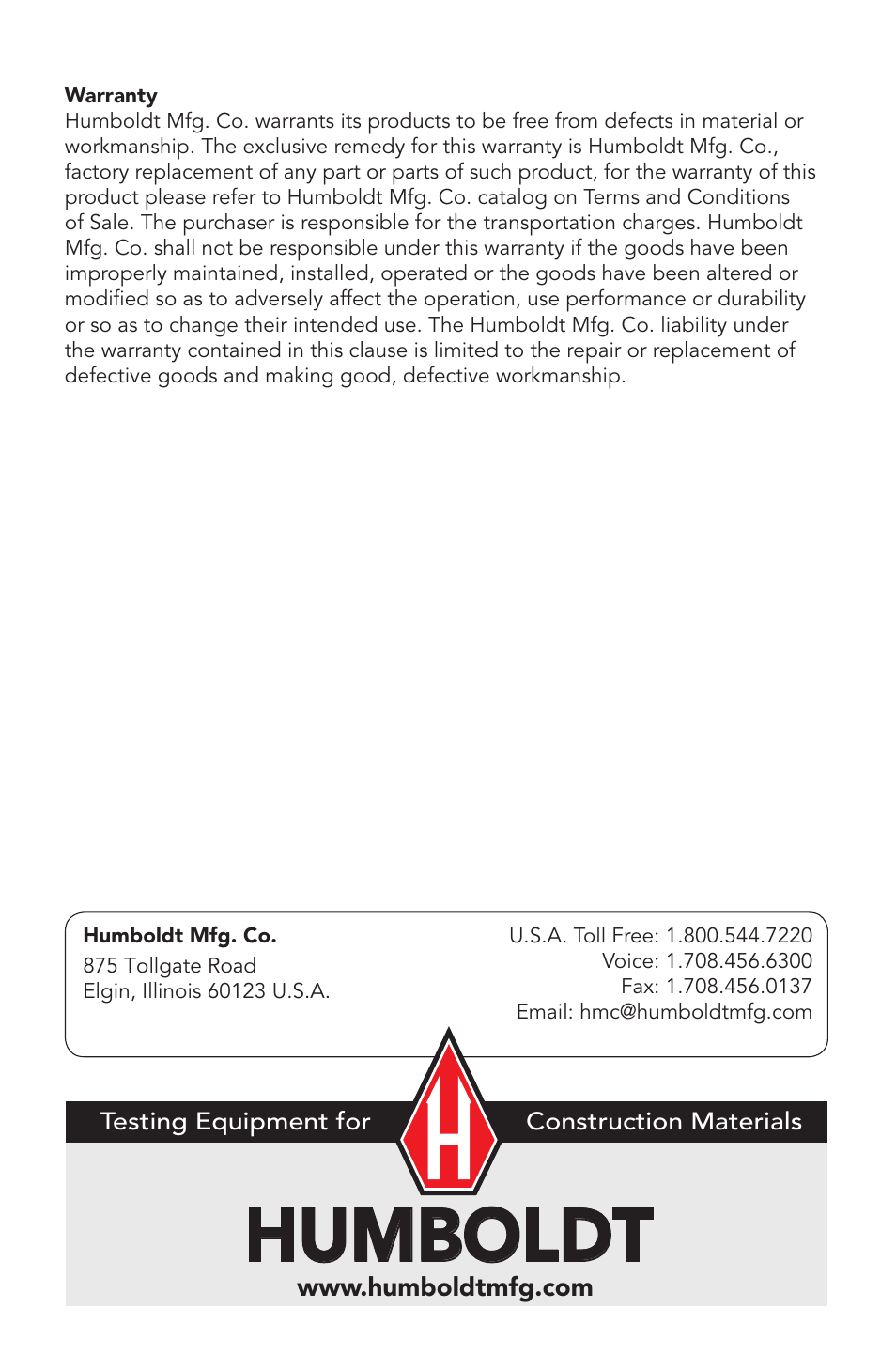 Humboldt | Humboldt H-3750.5F Relative Density Apparatus User Manual | Page 8 / 8