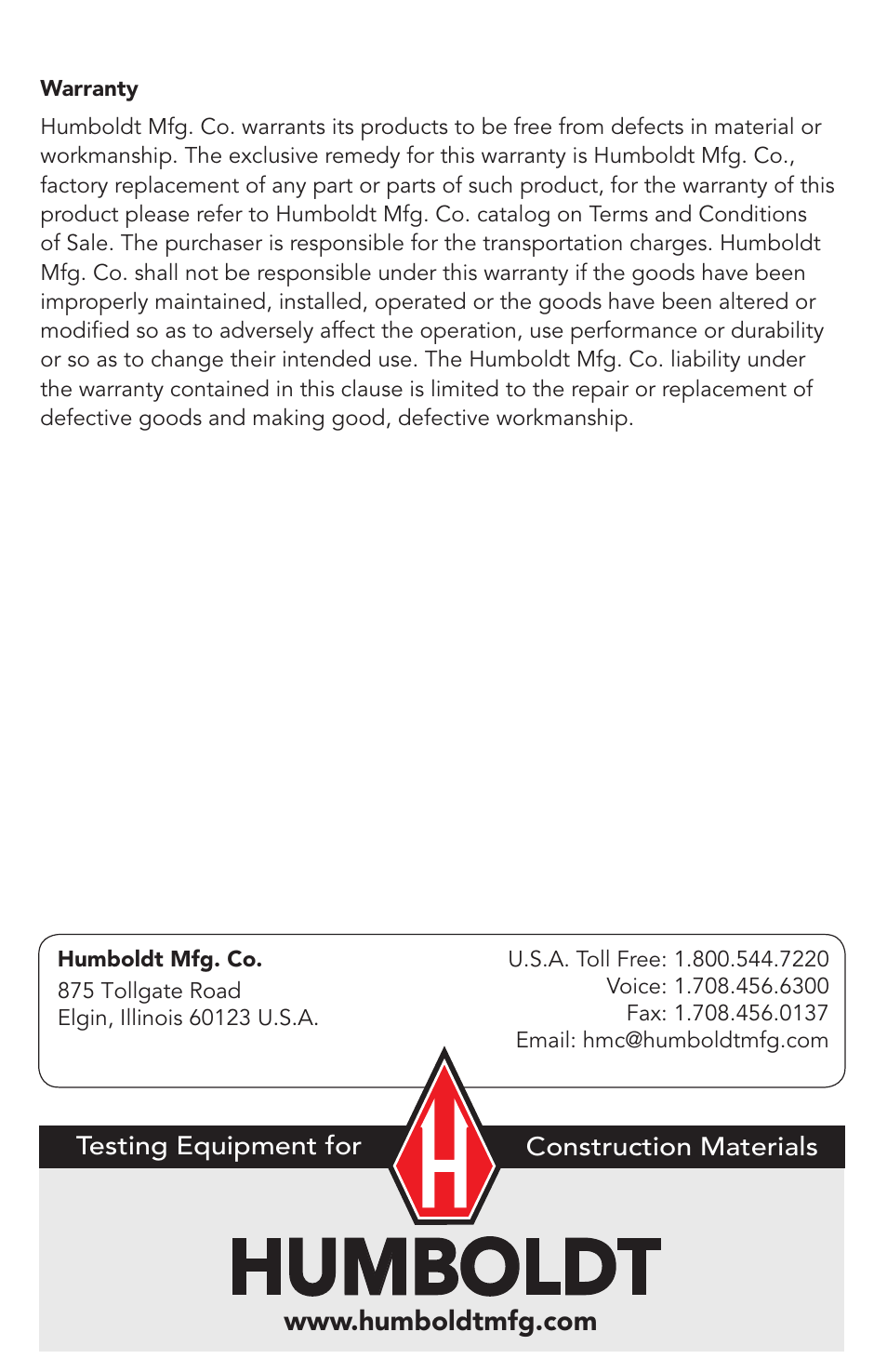 Humboldt | Humboldt H-4146 Compaction Permeameters User Manual | Page 8 / 8