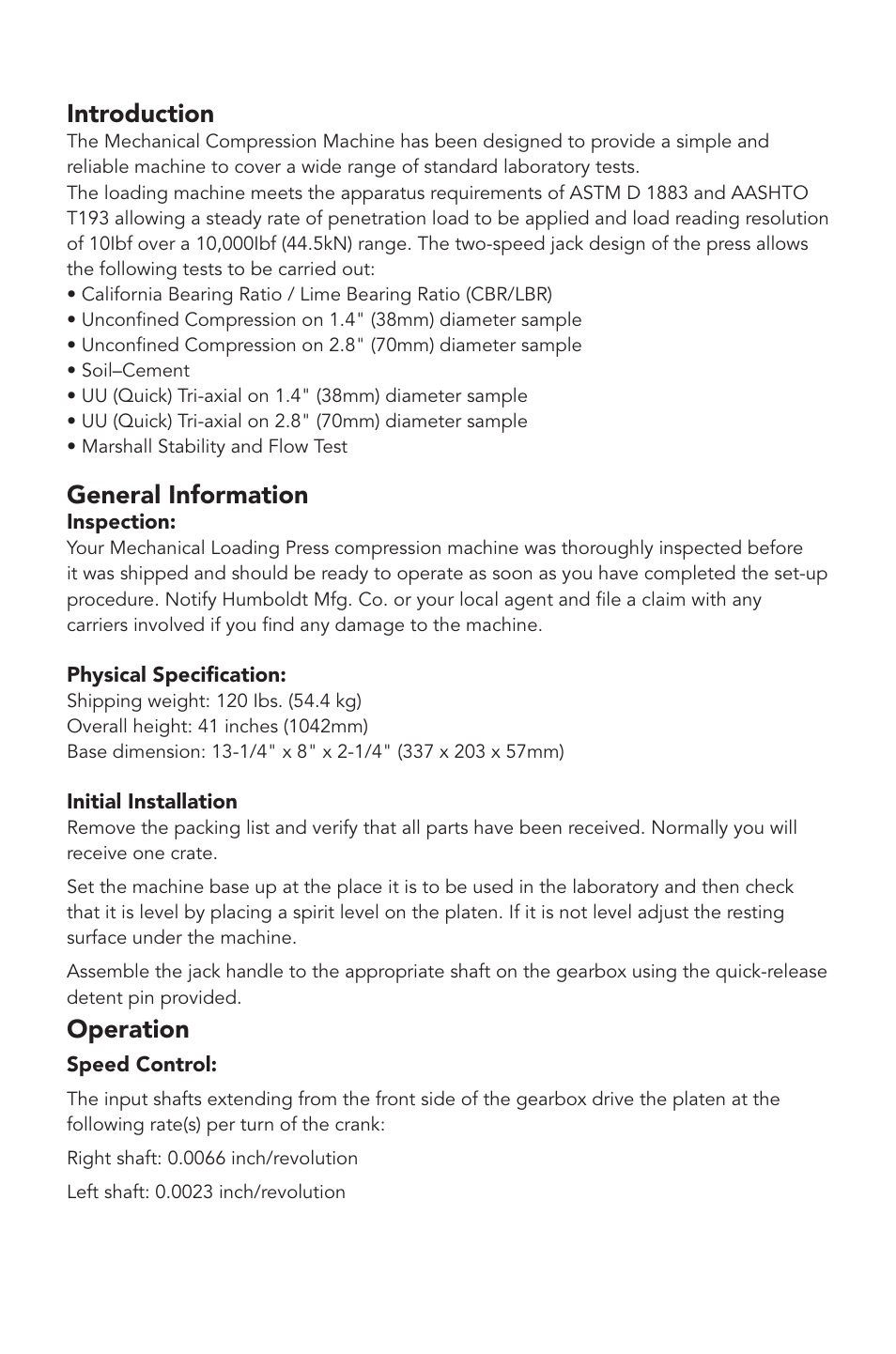 Introduction, General information, Operation | Humboldt H-4156 Mechanical Loading Press for CBR User Manual | Page 3 / 8