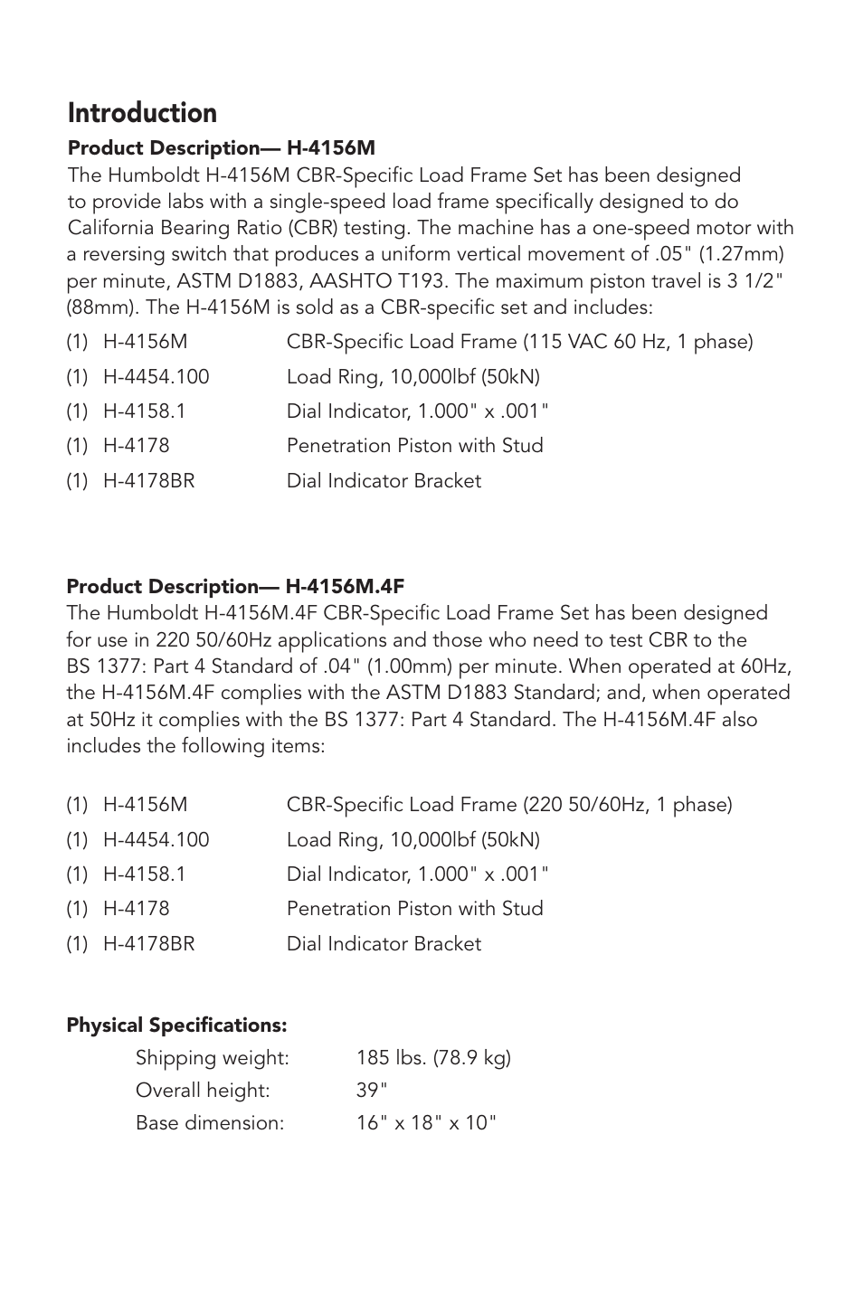 Introduction | Humboldt H-4156M CBR-Specific Load Frame User Manual | Page 3 / 8