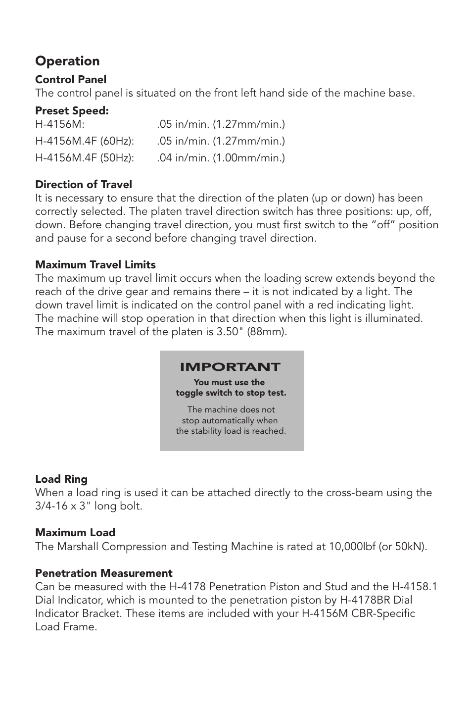Operation | Humboldt H-4156M CBR-Specific Load Frame User Manual | Page 5 / 8