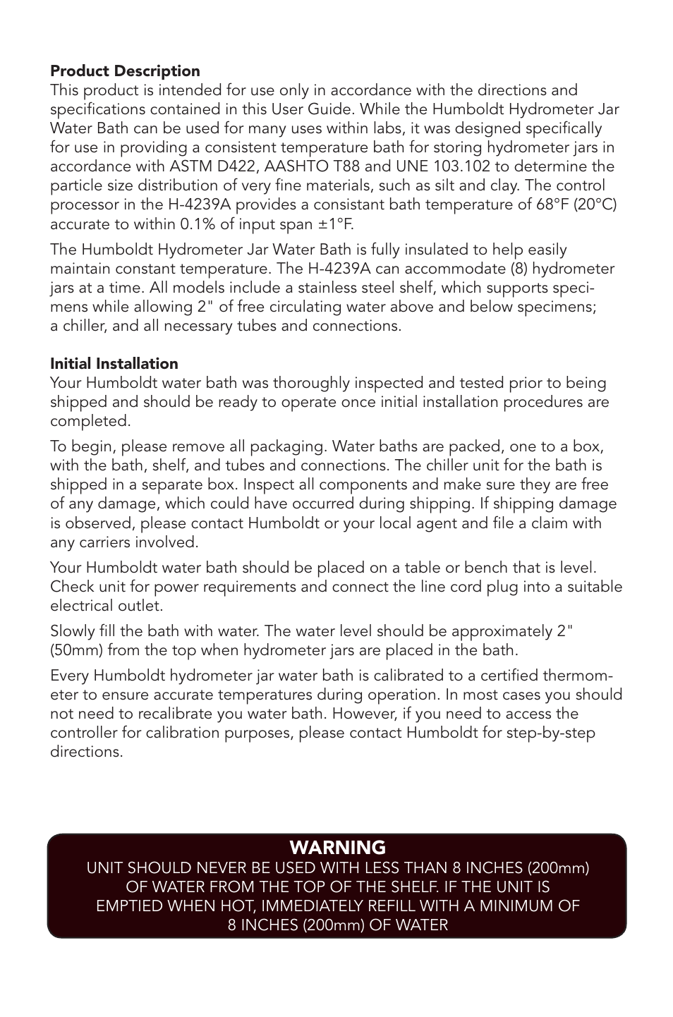 Warning | Humboldt H-4239A Hydrometer Waterbath User Manual | Page 4 / 8
