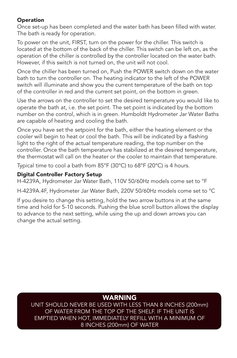 Warning | Humboldt H-4239A Hydrometer Waterbath User Manual | Page 5 / 8