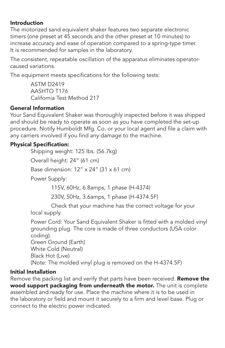 Humboldt H-4374.5F Sand Equivalent Shaker User Manual | Page 2 / 4