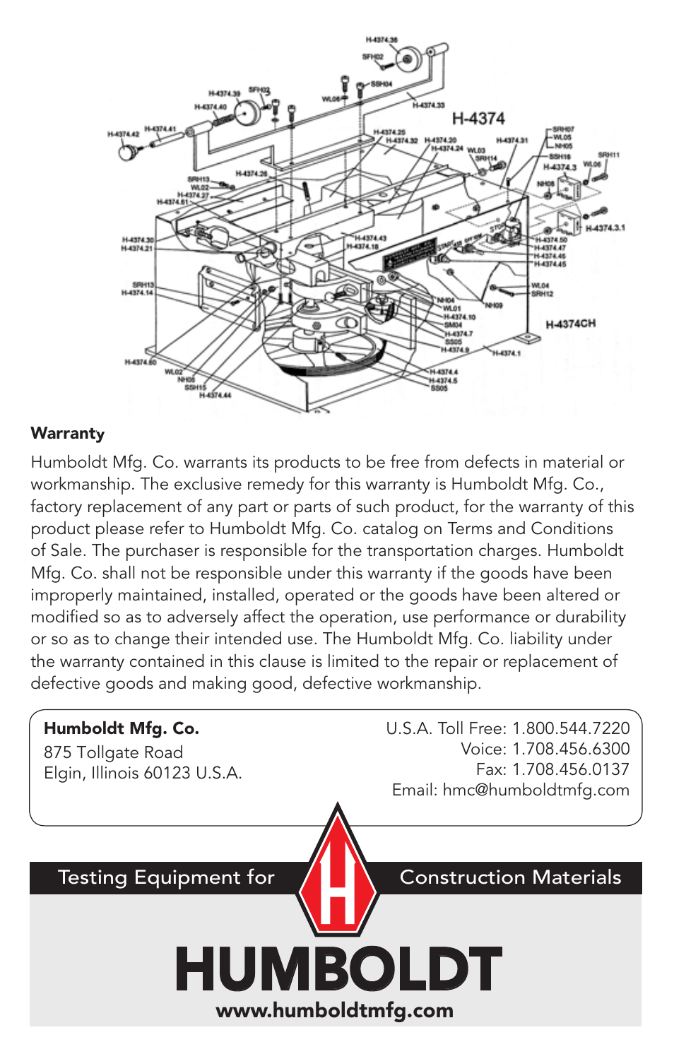 Humboldt | Humboldt H-4374.5F Sand Equivalent Shaker User Manual | Page 4 / 4