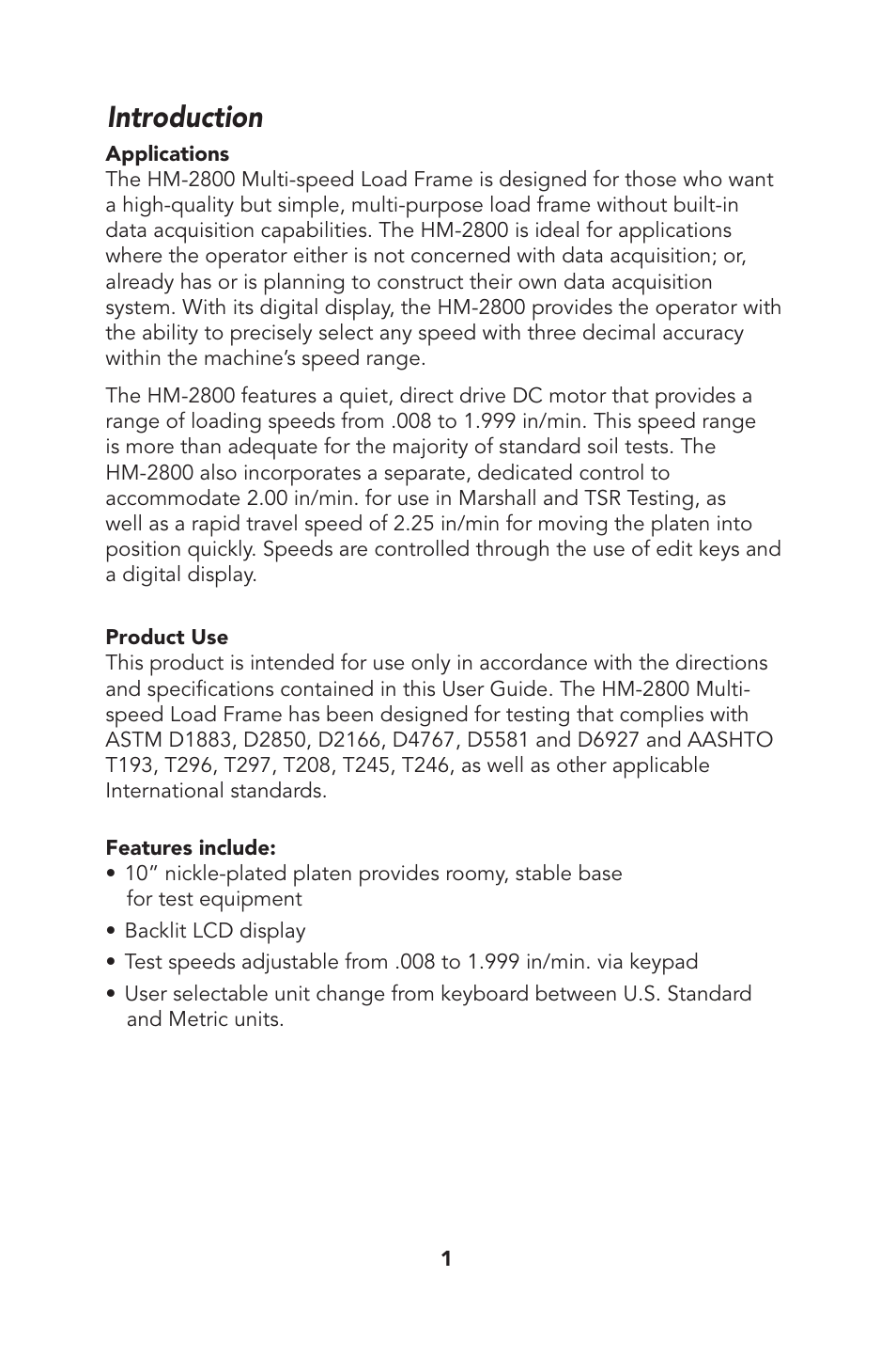 Introduction | Humboldt HM-2800 Multi-Speed Load Frame User Manual | Page 2 / 12