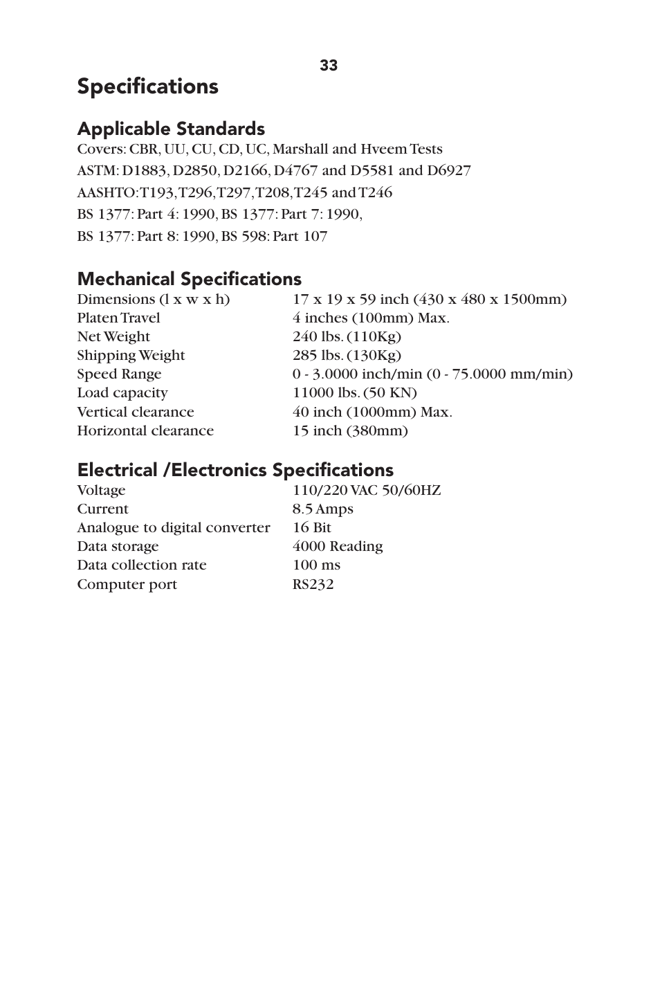 Specifications, Applicable standards, Mechanical specifications | Electrical /electronics specifications | Humboldt HM-3000.3F Digital MasterLoader User Manual | Page 36 / 40