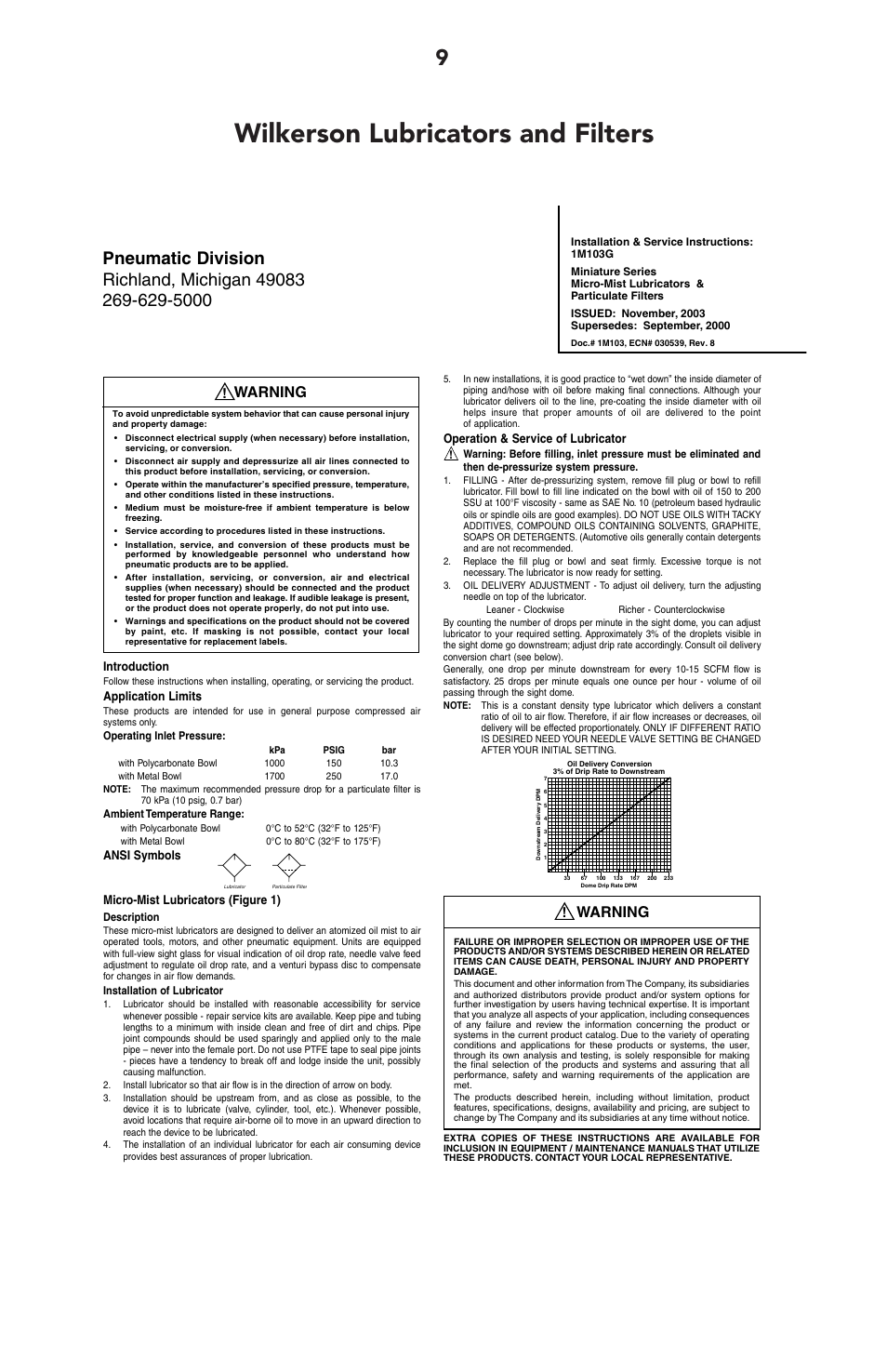 Wilkerson lubricators and filters, Warning | Humboldt HM-4165 3-Cell Manual Control Panel User Manual | Page 13 / 16