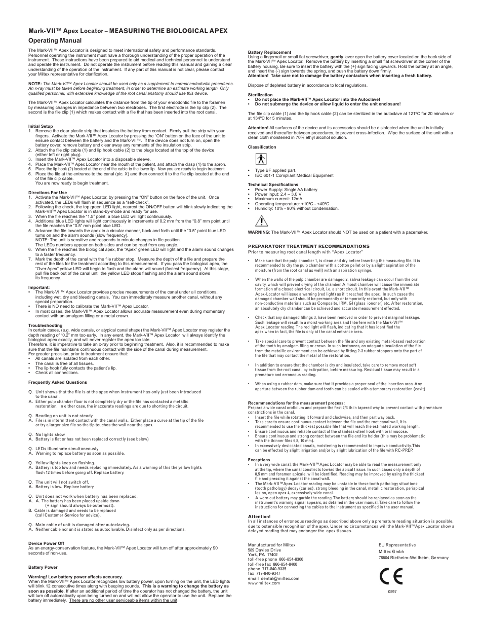 Integra LifeSciences Apex Locator, Mark-VII(TM) User Manual | Page 2 / 6
