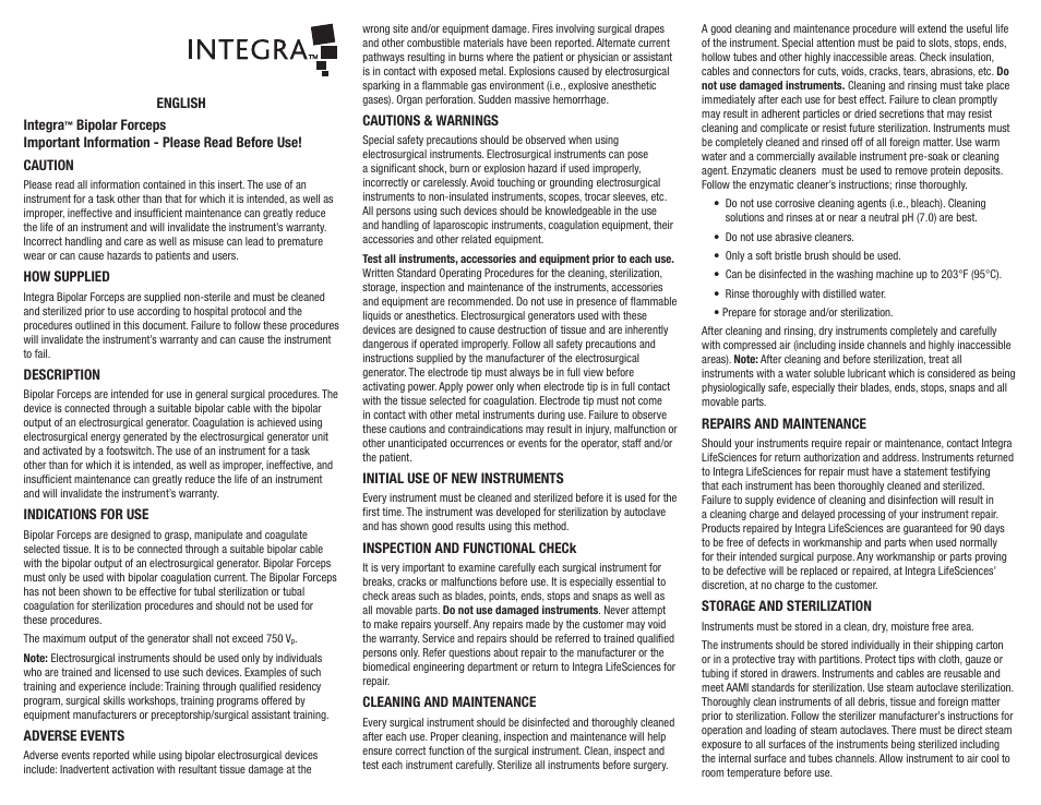 Integra LifeSciences Bipolar Forceps User Manual | 12 pages