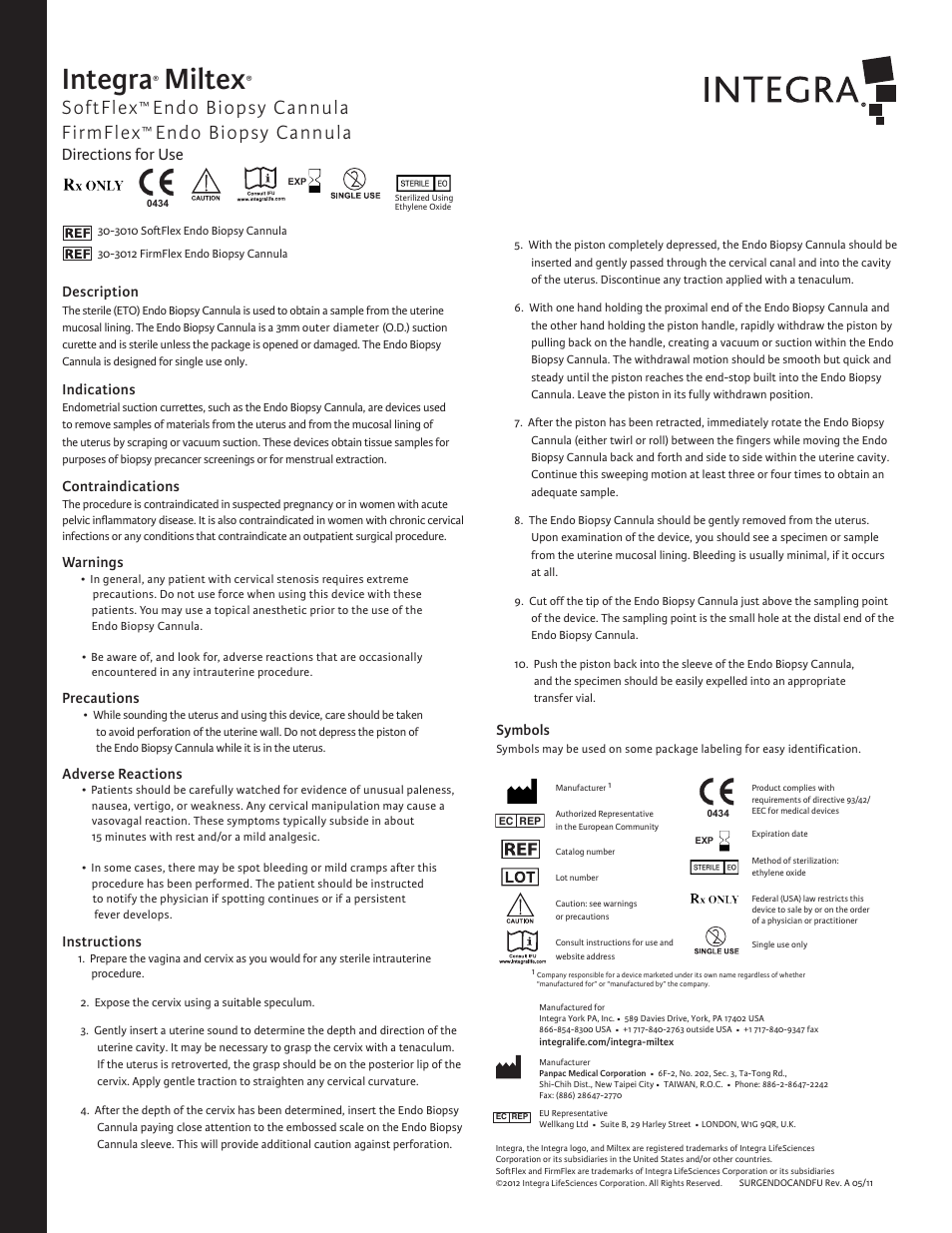 Integra LifeSciences Cannula, Endo Biopsy, SoftFlex(TM) and FirmFlex(TM) User Manual | 6 pages