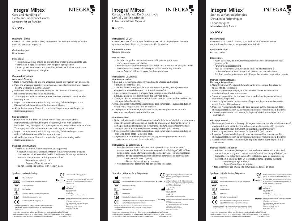 Integra LifeSciences Care and Handling of Dental and Endodontic Devices User Manual | 2 pages