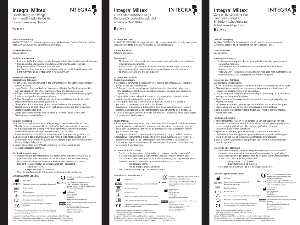 Integra, Miltex, Handhabung und pflege zahn-und endodontie geräts | Integra LifeSciences Care and Handling of Dental and Endodontic Devices User Manual | Page 2 / 2