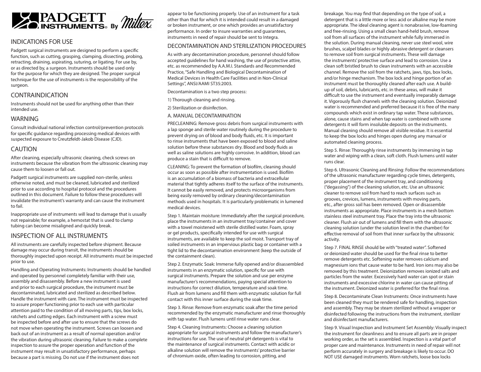 Integra LifeSciences Care and Handling of Padgett Instruments User Manual | 16 pages