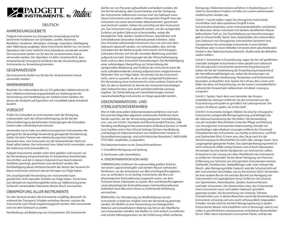 Deutsch anwendungsgebiete, Gegenanzeigen, Warnhinweise | Vorsicht, Überprüfung aller instrumente, Dekontaminations- und sterilisationsverfahren | Integra LifeSciences Care and Handling of Padgett Instruments User Manual | Page 13 / 16