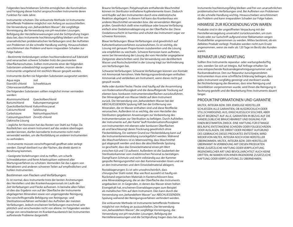 Hinweise zur rücksendung von waren, Reparatur und wartung, Produktinformationen und garantie | Integra LifeSciences Care and Handling of Padgett Instruments User Manual | Page 15 / 16