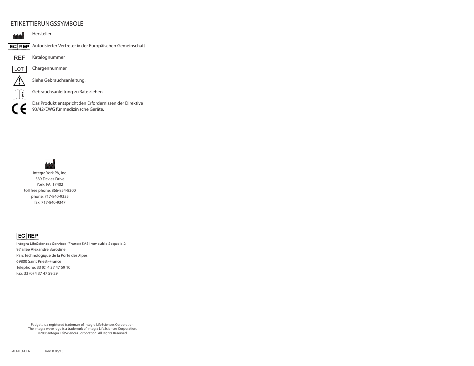 Etikettierungssymbole | Integra LifeSciences Care and Handling of Padgett Instruments User Manual | Page 16 / 16