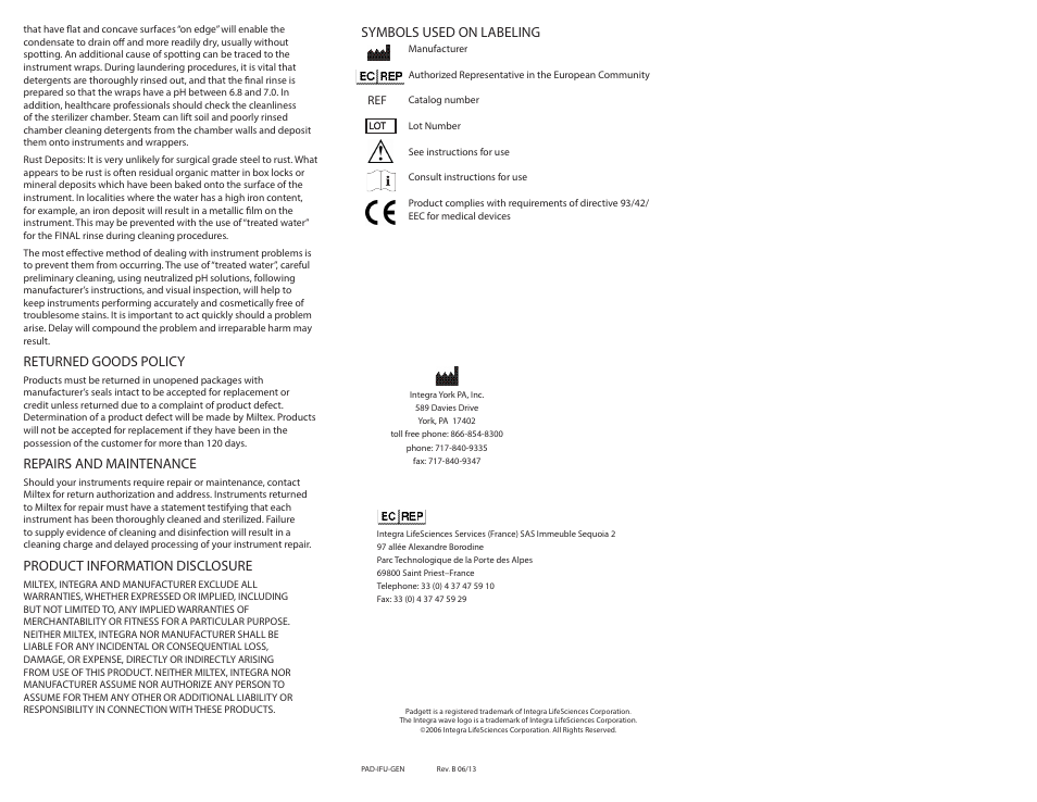 Returned goods policy, Repairs and maintenance, Product information disclosure | Symbols used on labeling | Integra LifeSciences Care and Handling of Padgett Instruments User Manual | Page 3 / 16