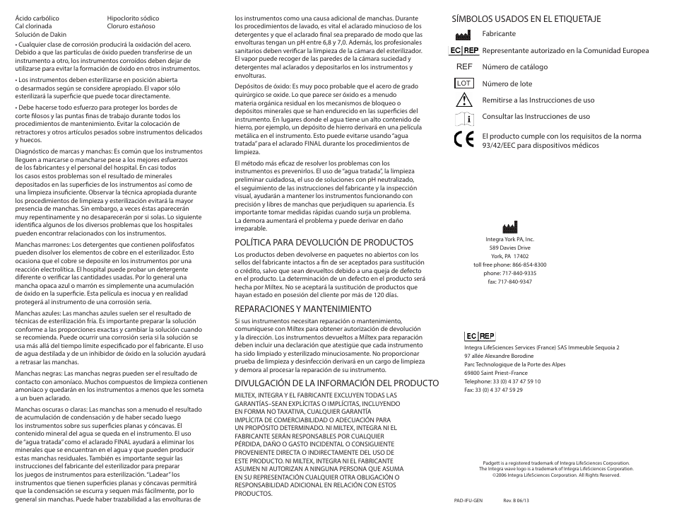 Política para devolución de productos, Reparaciones y mantenimiento, Divulgación de la información del producto | Símbolos usados en el etiquetaje | Integra LifeSciences Care and Handling of Padgett Instruments User Manual | Page 6 / 16