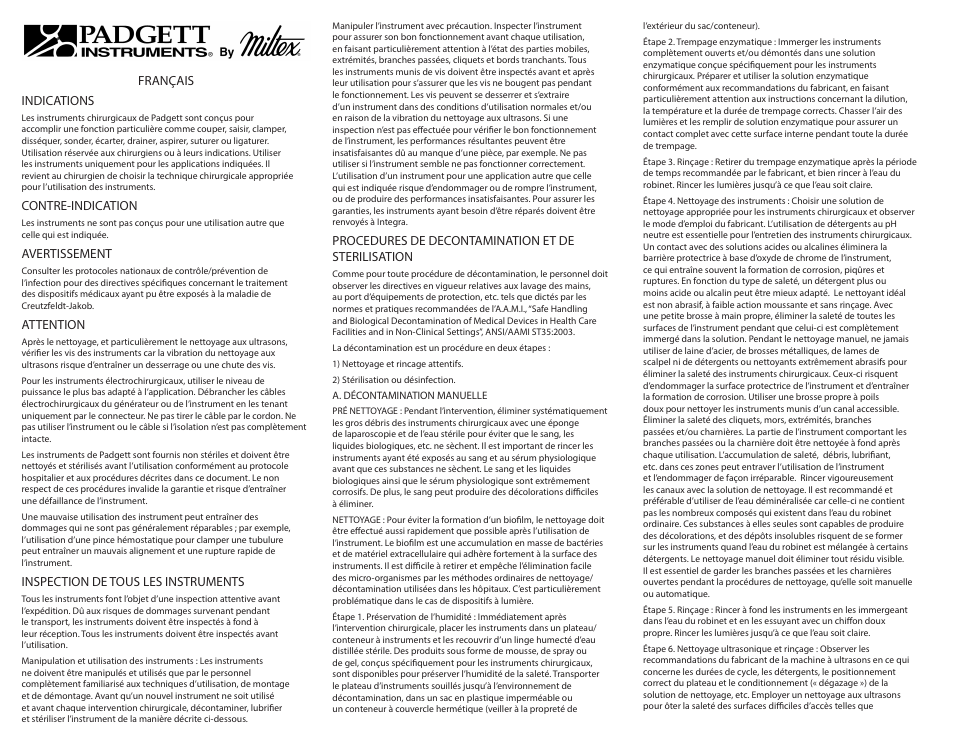 Français indications, Contre-indication, Avertissement | Attention, Inspection de tous les instruments, Procedures de decontamination et de sterilisation | Integra LifeSciences Care and Handling of Padgett Instruments User Manual | Page 7 / 16