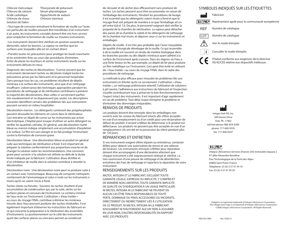 Renvois de produits, Réparations et entretien, Renseignements sur les produits | Symboles indiqués sur les étiquettes | Integra LifeSciences Care and Handling of Padgett Instruments User Manual | Page 9 / 16