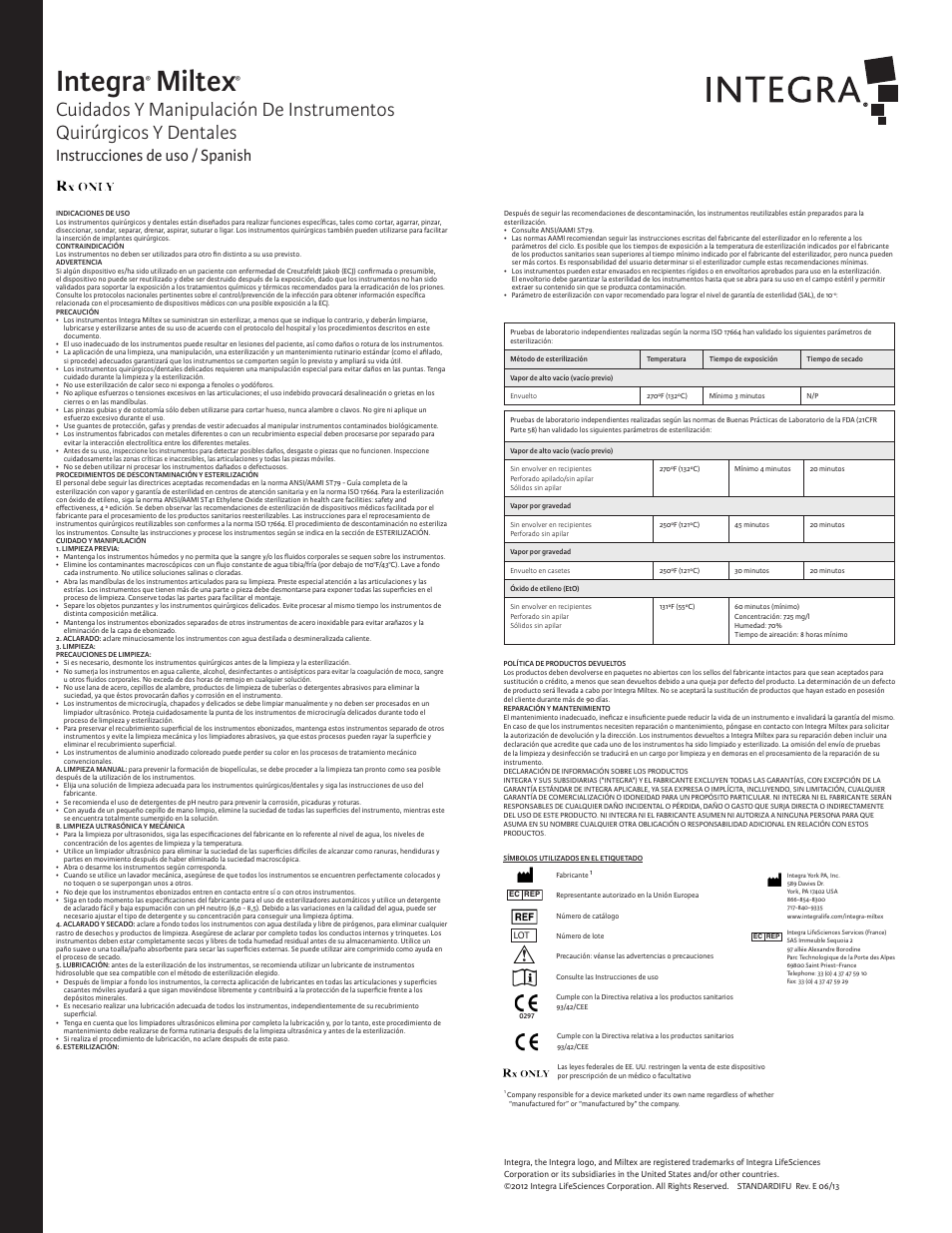 Integra, Miltex, Instrucciones de uso / spanish | Integra LifeSciences Care and Handling of Surgical and Dental Instruments User Manual | Page 2 / 6