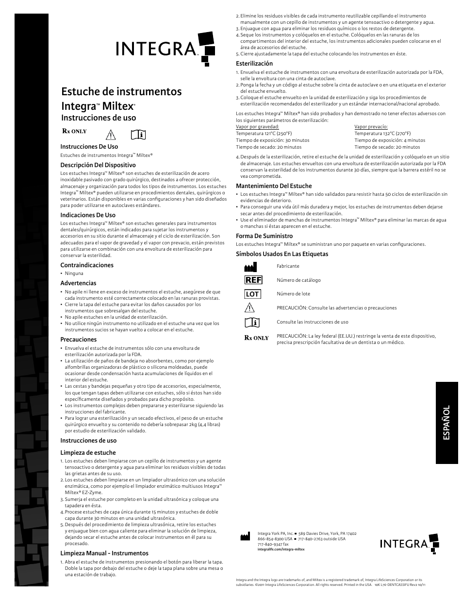 Estuche de instrumentos integra, Miltex, Instrucciones de uso | Esp a ñ ol, Esterilización, Mantenimiento del estuche, Forma de suministro, Símbolos usados en las etiquetas, Descripción del dispositivo, Indicaciones de uso | Integra LifeSciences Cassettes User Manual | Page 2 / 6