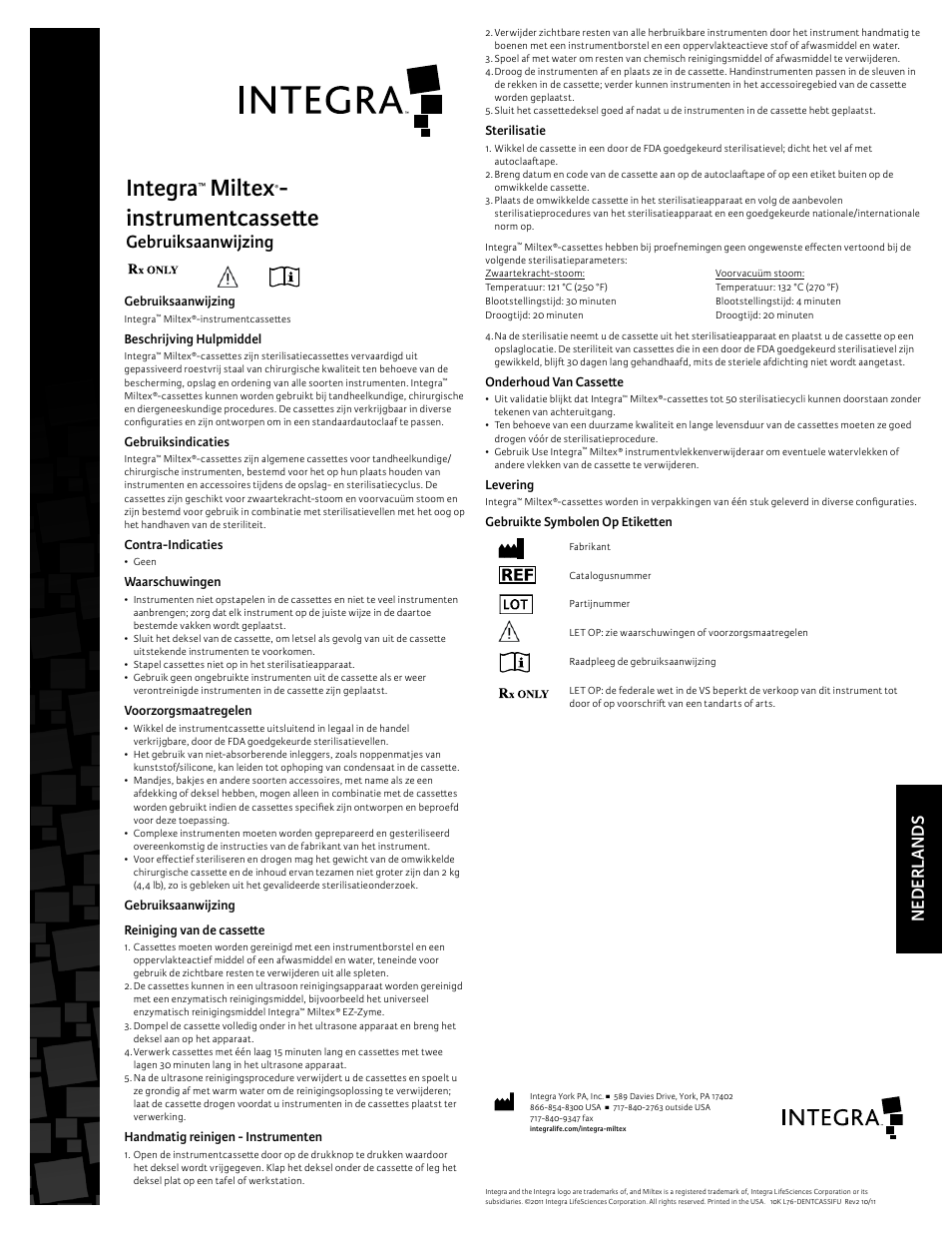 Integra, Miltex, Instrumentcassette | Gebruiksaanwijzing, Nede rla n ds | Integra LifeSciences Cassettes User Manual | Page 6 / 6