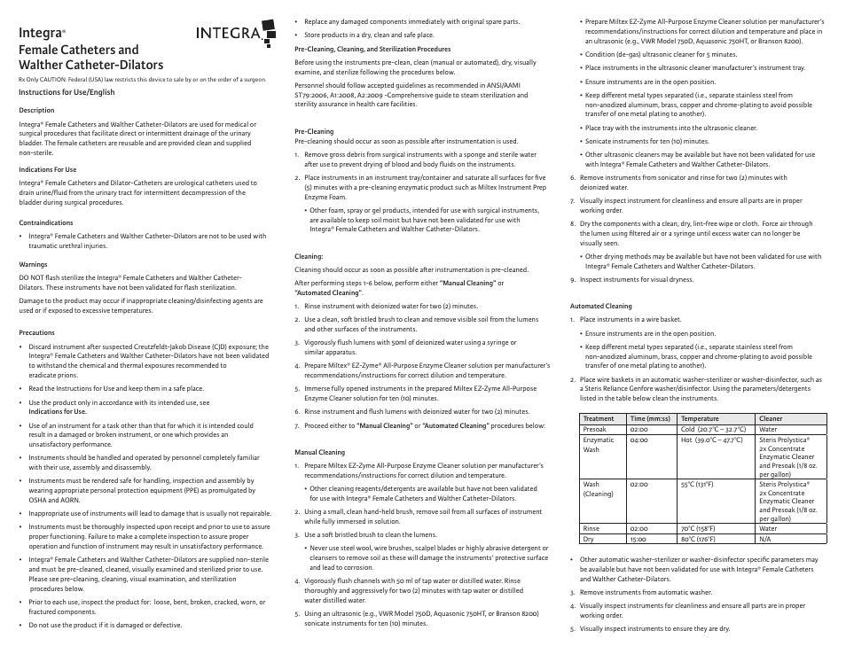 Integra LifeSciences Catheters, Female and Catheter-Dilators, Walther User Manual | 12 pages