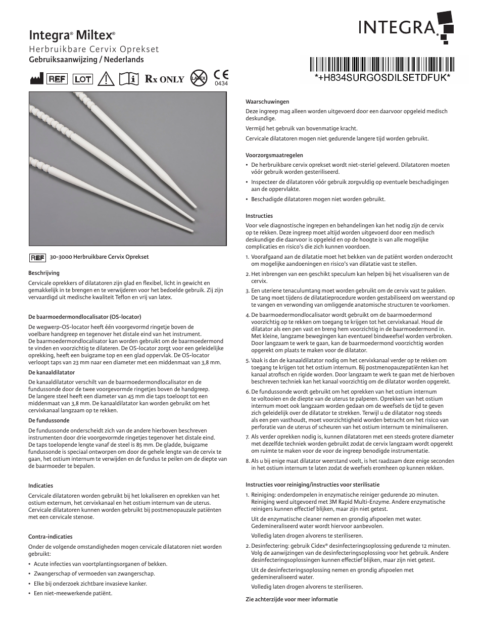 Integra, Miltex, Herbruikbare cervix oprekset | Gebruiksaanwijzing / nederlands | Integra LifeSciences Cervical Dilator Set, Reusable User Manual | Page 11 / 12