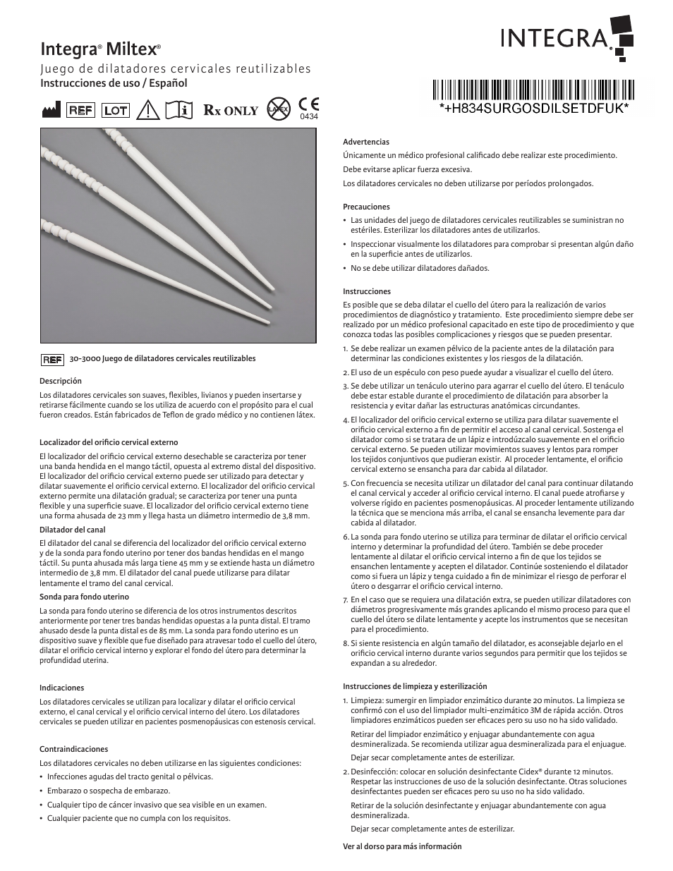 Integra, Miltex, Juego de dilatadores cervicales reutilizables | Instrucciones de uso / español | Integra LifeSciences Cervical Dilator Set, Reusable User Manual | Page 3 / 12