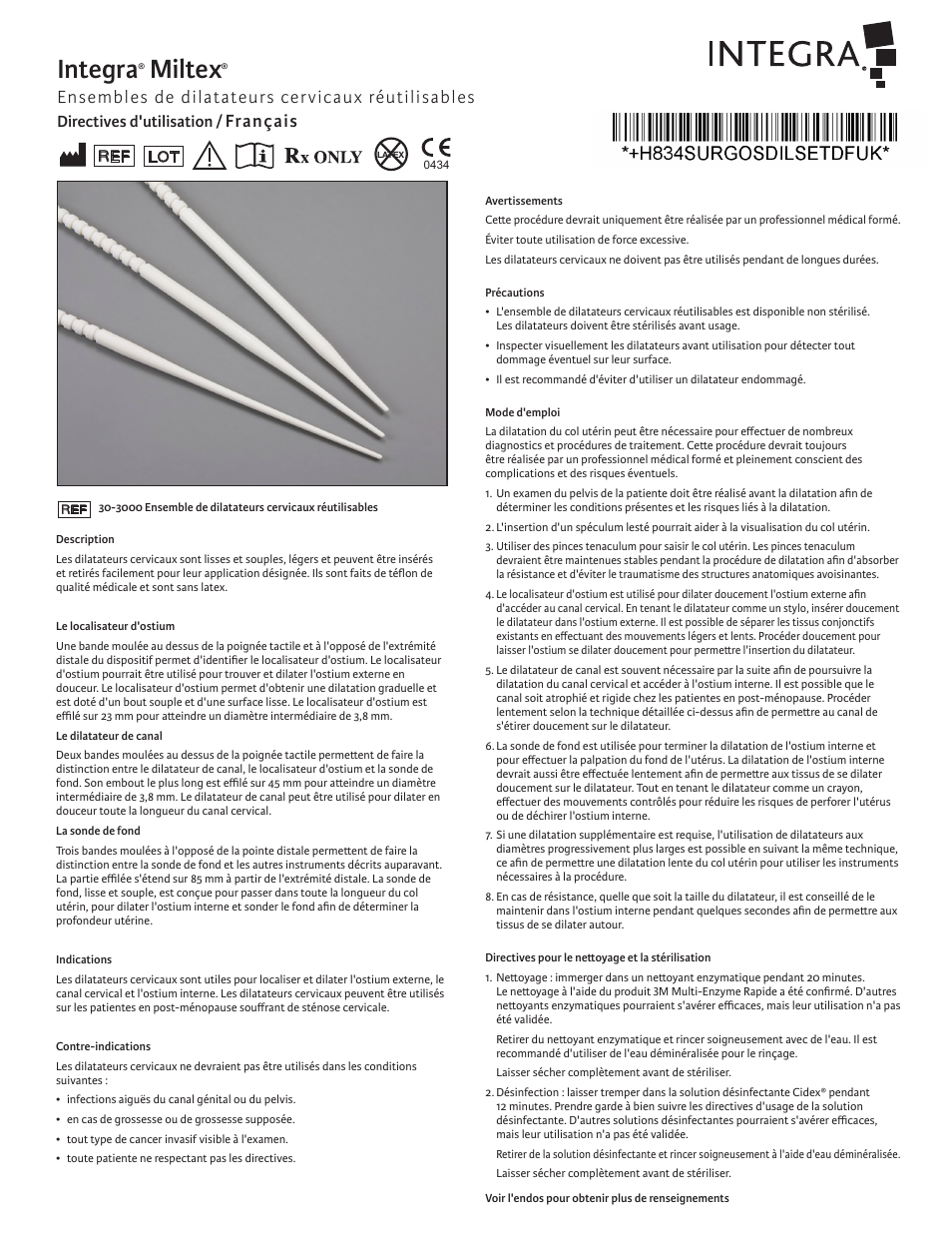 Integra, Miltex, Ensembles de dilatateurs cervicaux réutilisables | Français, Directives d'utilisation | Integra LifeSciences Cervical Dilator Set, Reusable User Manual | Page 5 / 12