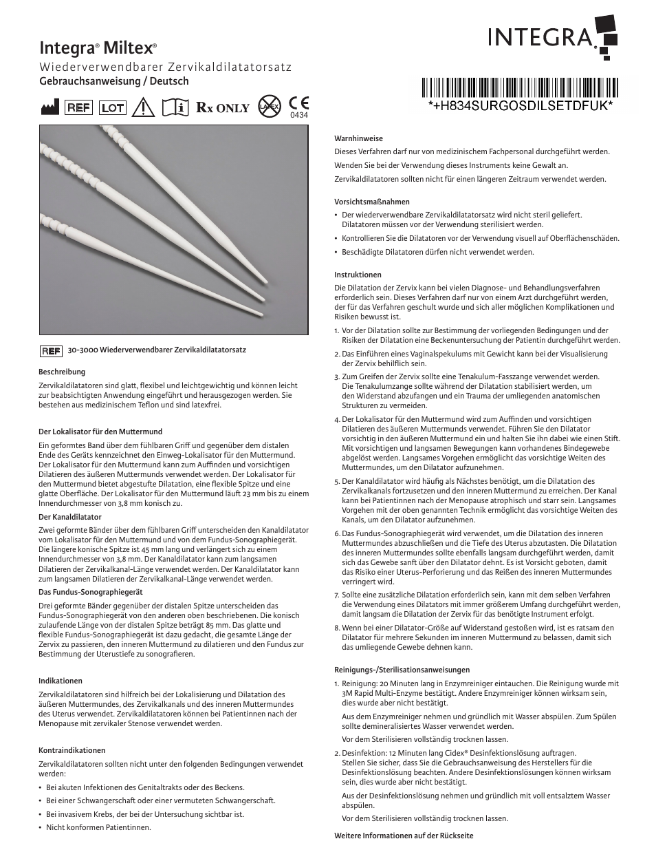 Integra, Miltex, Wiederverwendbarer zervikaldilatatorsatz | Gebrauchsanweisung / deutsch | Integra LifeSciences Cervical Dilator Set, Reusable User Manual | Page 7 / 12