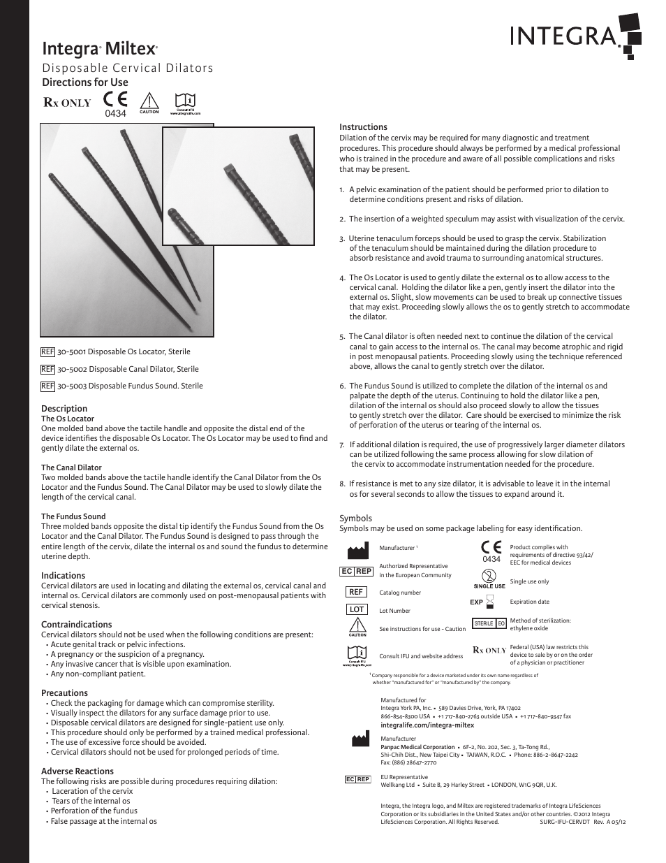 Integra LifeSciences Cervical Dilators, Disposable User Manual | 6 pages