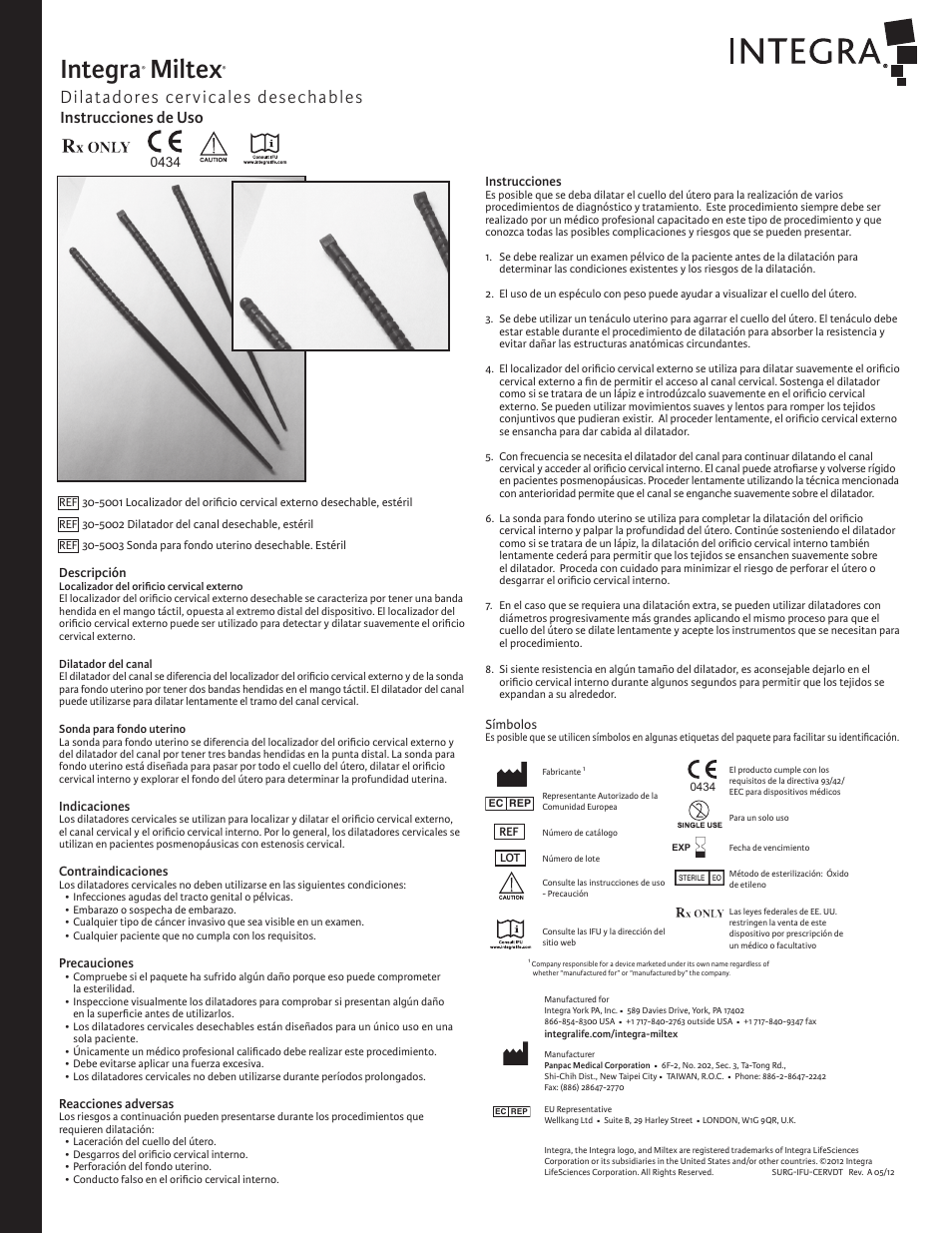 Integra, Miltex, Dilatadores cervicales desechables | Instrucciones de uso | Integra LifeSciences Cervical Dilators, Disposable User Manual | Page 2 / 6