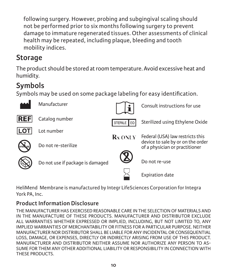 Storage, Symbols | Integra LifeSciences Collagen Membrane, HeliMend  User Manual | Page 10 / 65