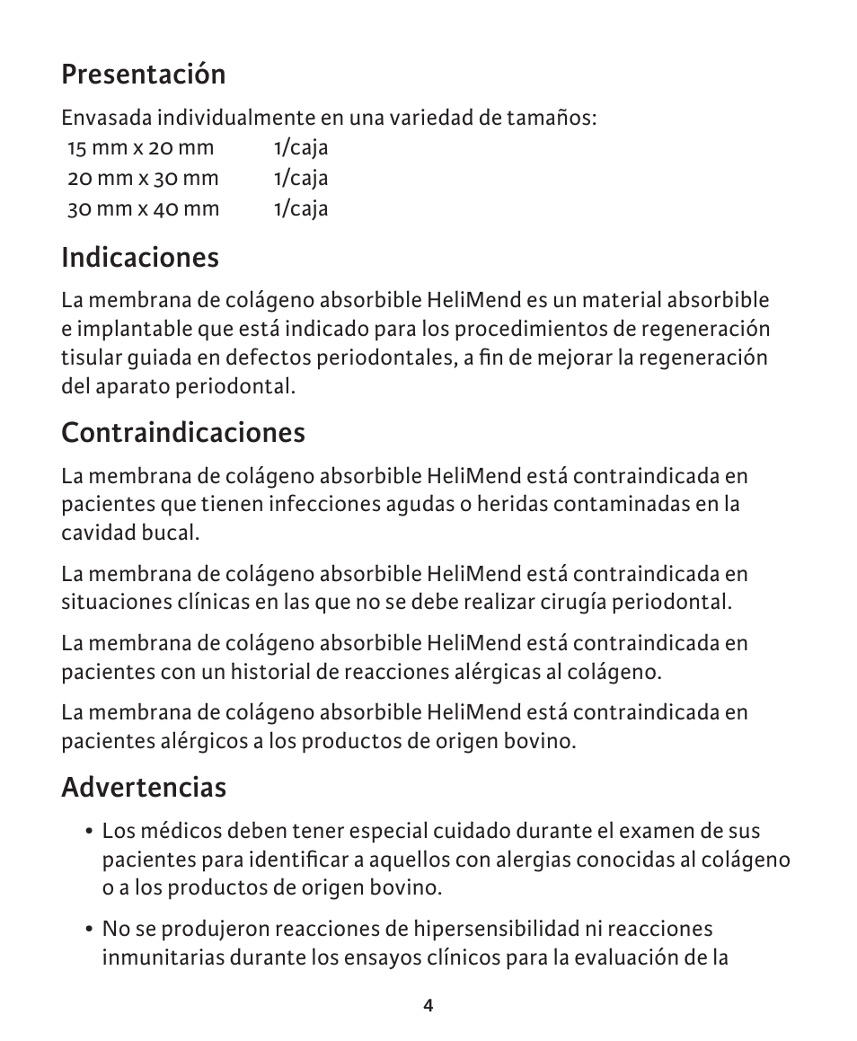 Presentación, Indicaciones, Contraindicaciones | Advertencias | Integra LifeSciences Collagen Membrane, HeliMend  User Manual | Page 14 / 65