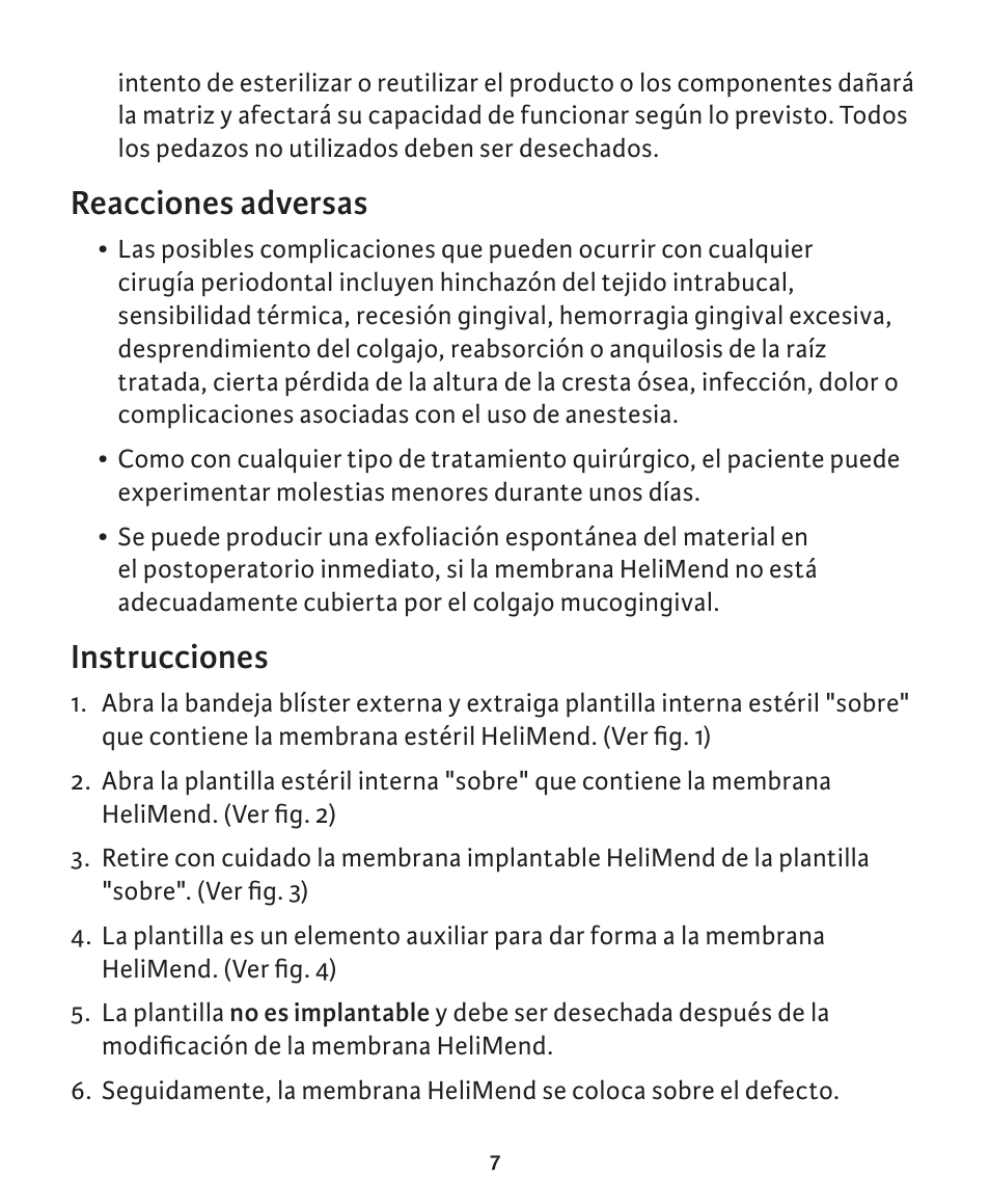 Reacciones adversas, Instrucciones | Integra LifeSciences Collagen Membrane, HeliMend  User Manual | Page 17 / 65