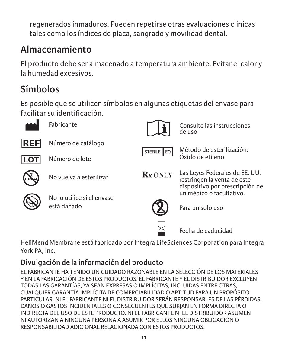 Almacenamiento, Símbolos | Integra LifeSciences Collagen Membrane, HeliMend  User Manual | Page 21 / 65