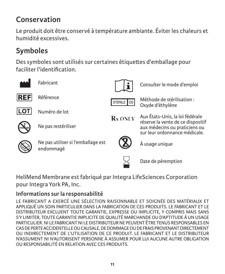 Conservation, Symboles | Integra LifeSciences Collagen Membrane, HeliMend  User Manual | Page 32 / 65