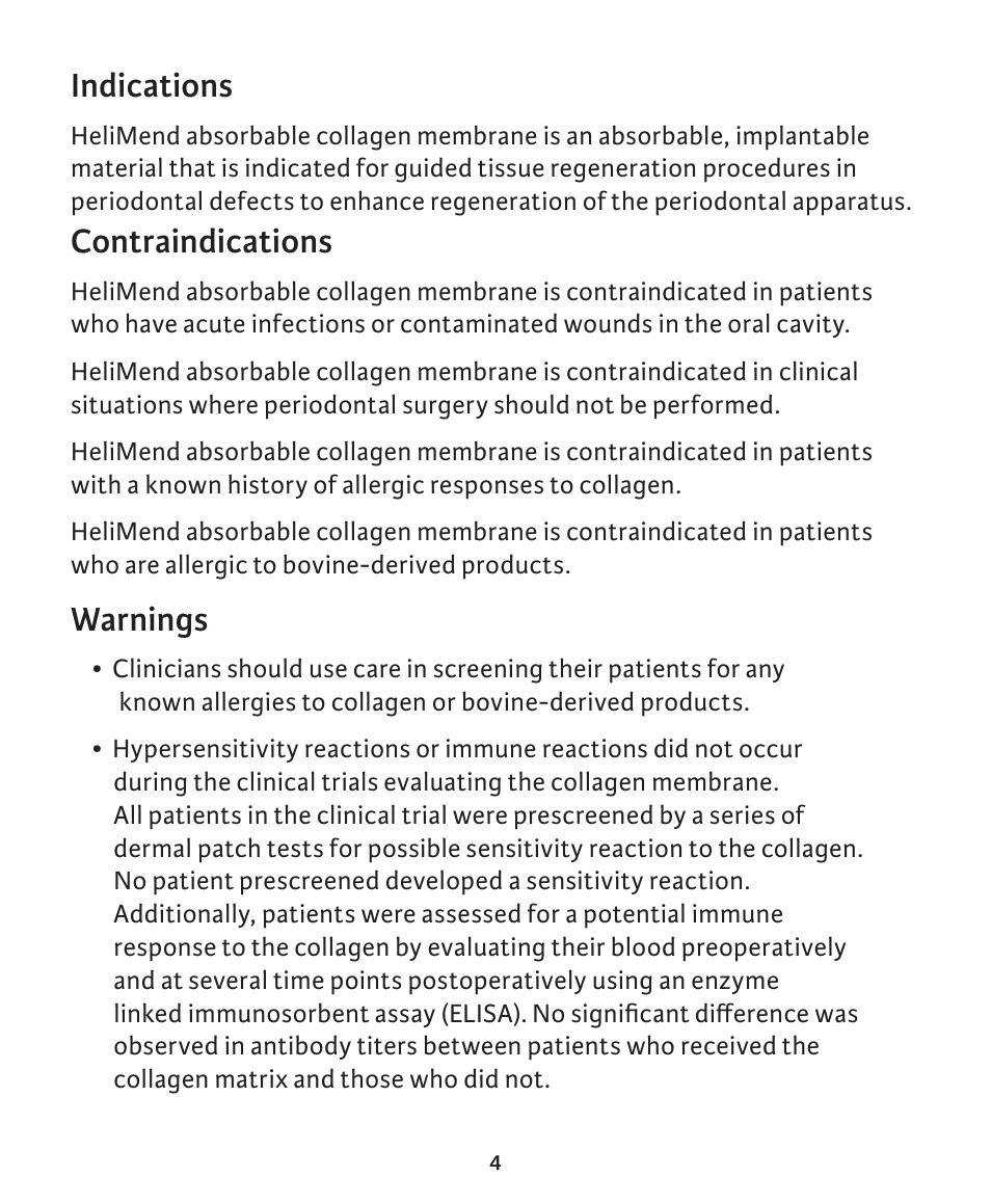 Indications, Contraindications, Warnings | Integra LifeSciences Collagen Membrane, HeliMend  User Manual | Page 4 / 65