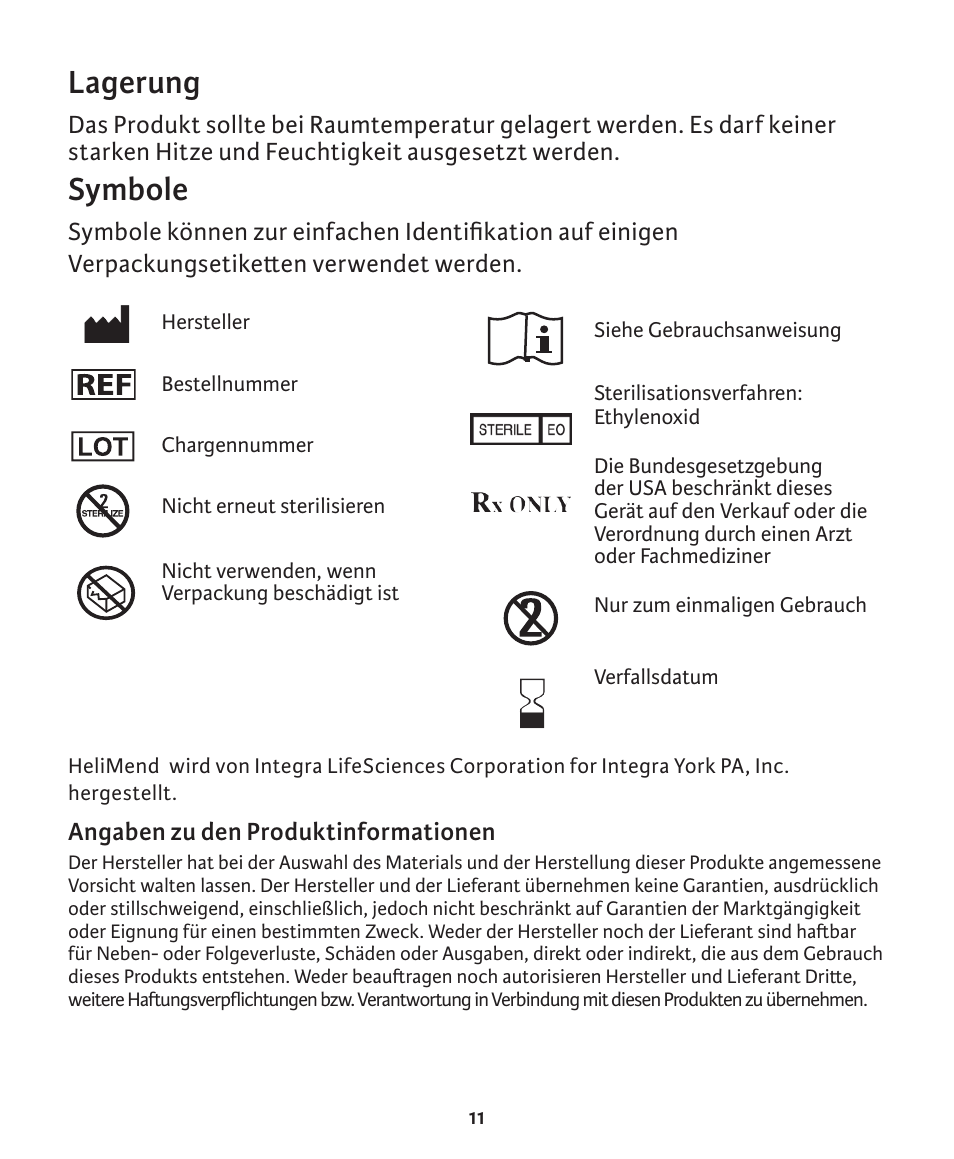 Lagerung, Symbole | Integra LifeSciences Collagen Membrane, HeliMend  User Manual | Page 43 / 65