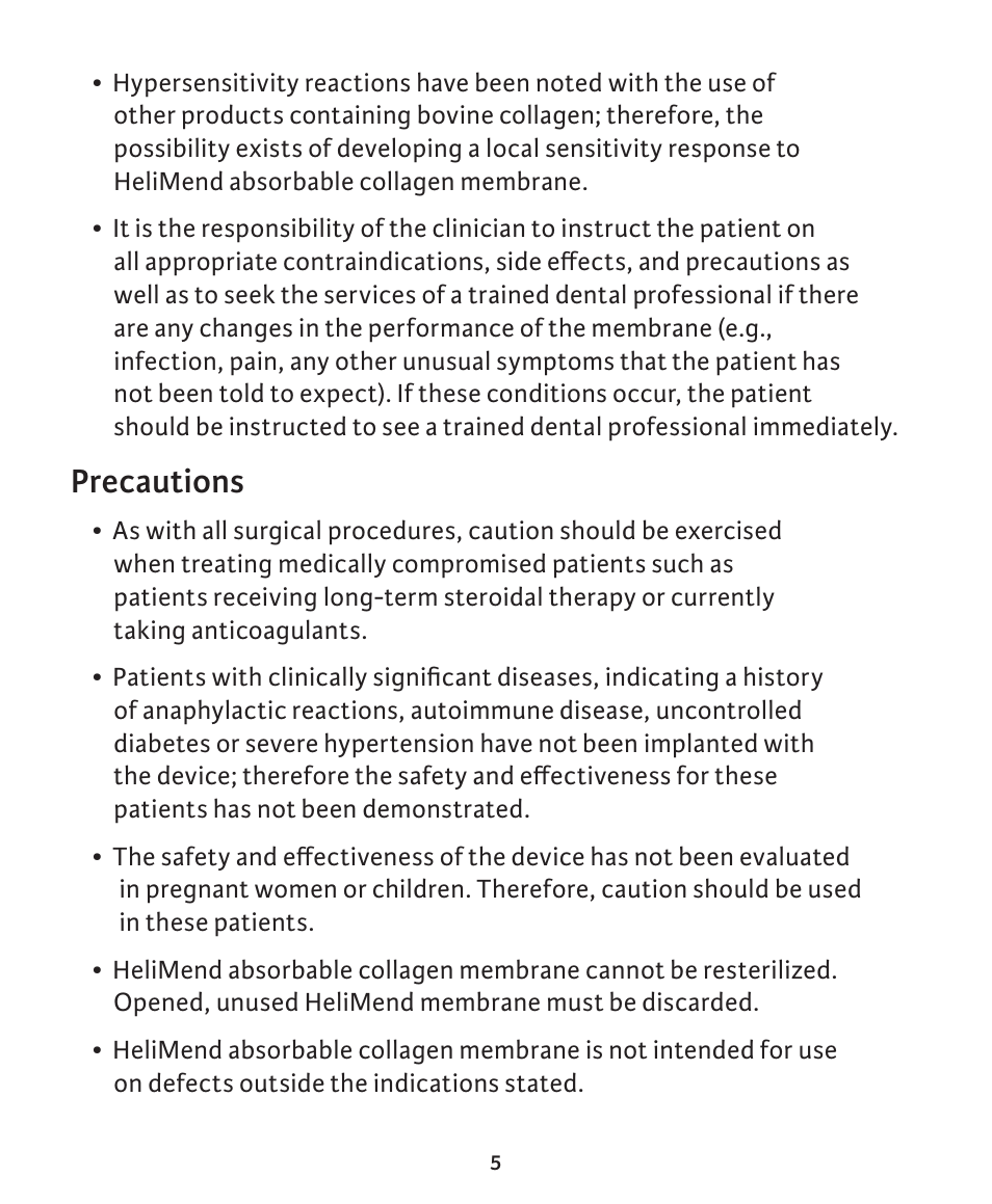 Precautions | Integra LifeSciences Collagen Membrane, HeliMend  User Manual | Page 5 / 65