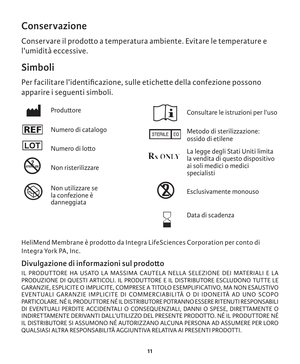 Conservazione, Simboli | Integra LifeSciences Collagen Membrane, HeliMend  User Manual | Page 54 / 65