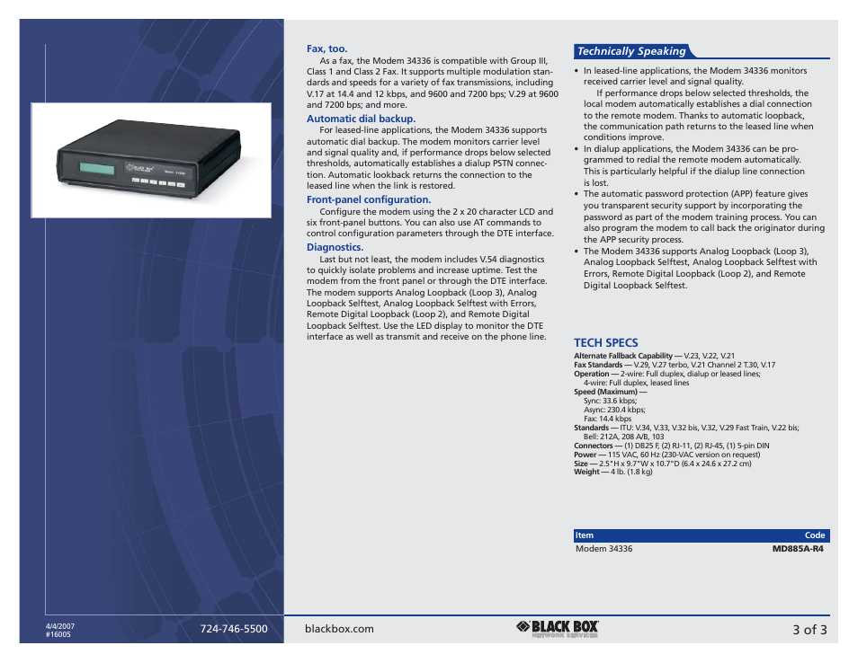 3 of 3, Tech specs | Black Box 34336 User Manual | Page 3 / 3